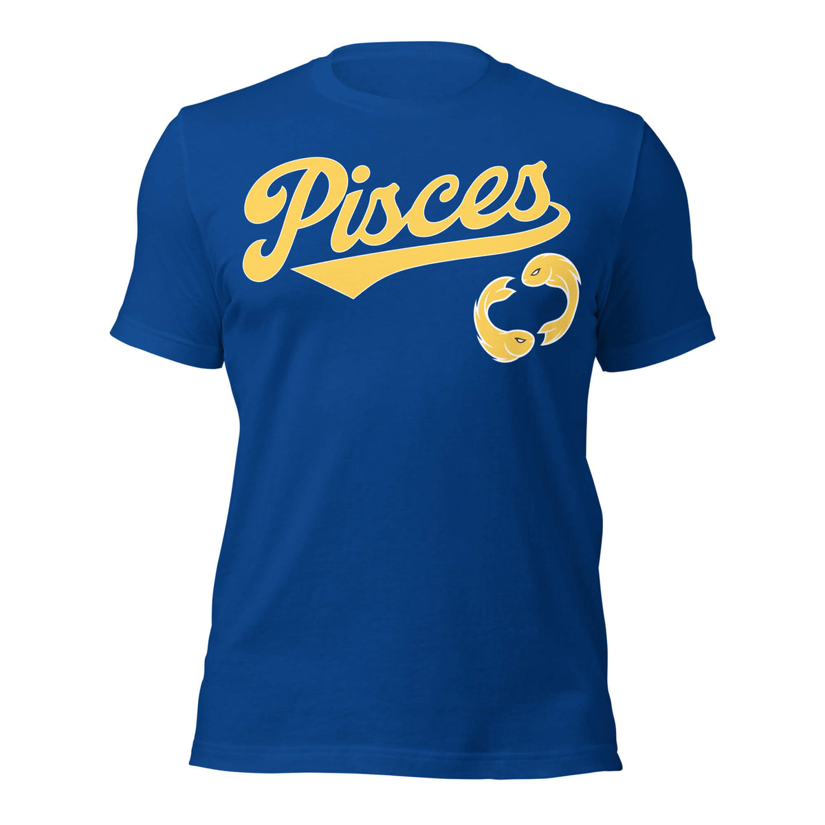 Pisces zodiac sports graphic t-shirt, blue with gold ink, unisex athletic astrology apparel, front flat lay