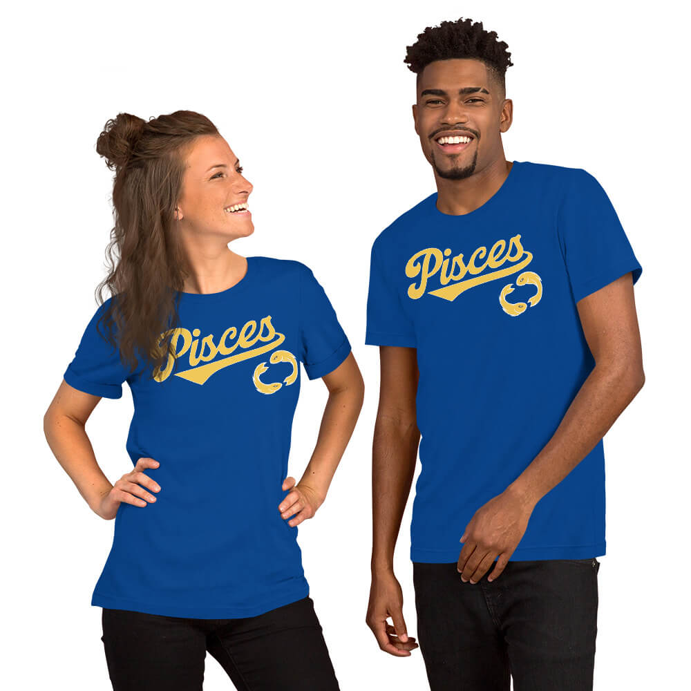 Two people wearing blue 'Pisces' t-shirts on a white background