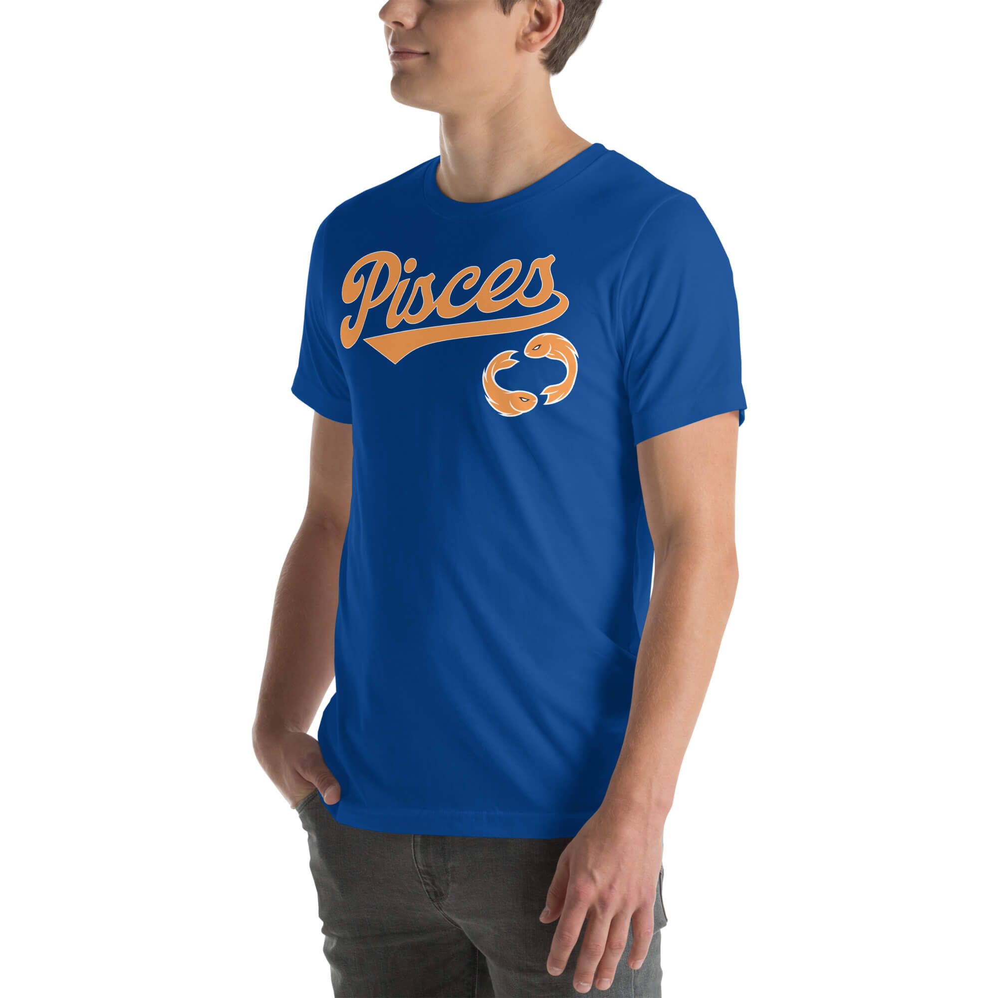 A man wearing a royal blue crewneck t-shirt with a vintage-style orange 'Pisces' graphic and a zodiac sign on the chest, set against a plain white background.