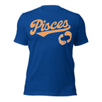 Pisces zodiac sports graphic t-shirt, blue with orange ink, unisex athletic astrology apparel, front flat lay