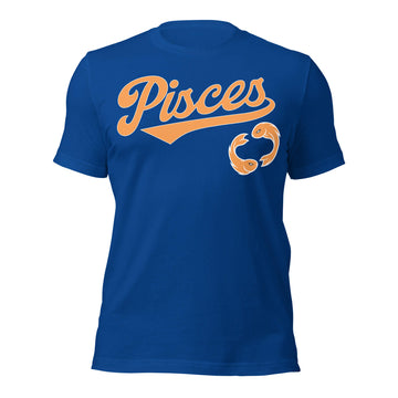 Pisces zodiac sports graphic t-shirt, blue with orange ink, unisex athletic astrology apparel, front flat lay