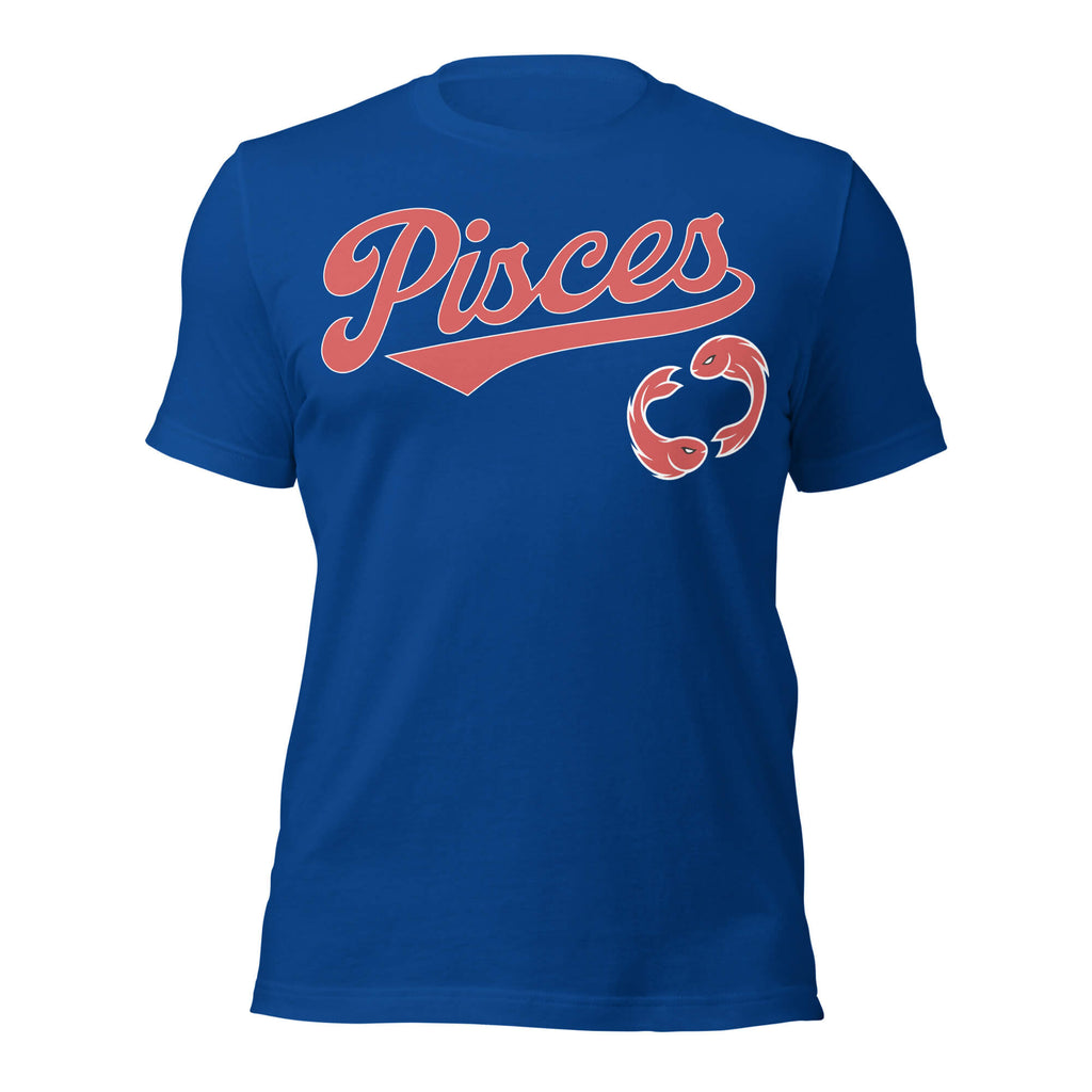 Pisces zodiac sports graphic t-shirt, blue with red ink, unisex athletic astrology apparel, front flat lay