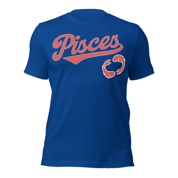 Pisces zodiac sports graphic t-shirt, blue with red ink, unisex athletic astrology apparel, front flat lay