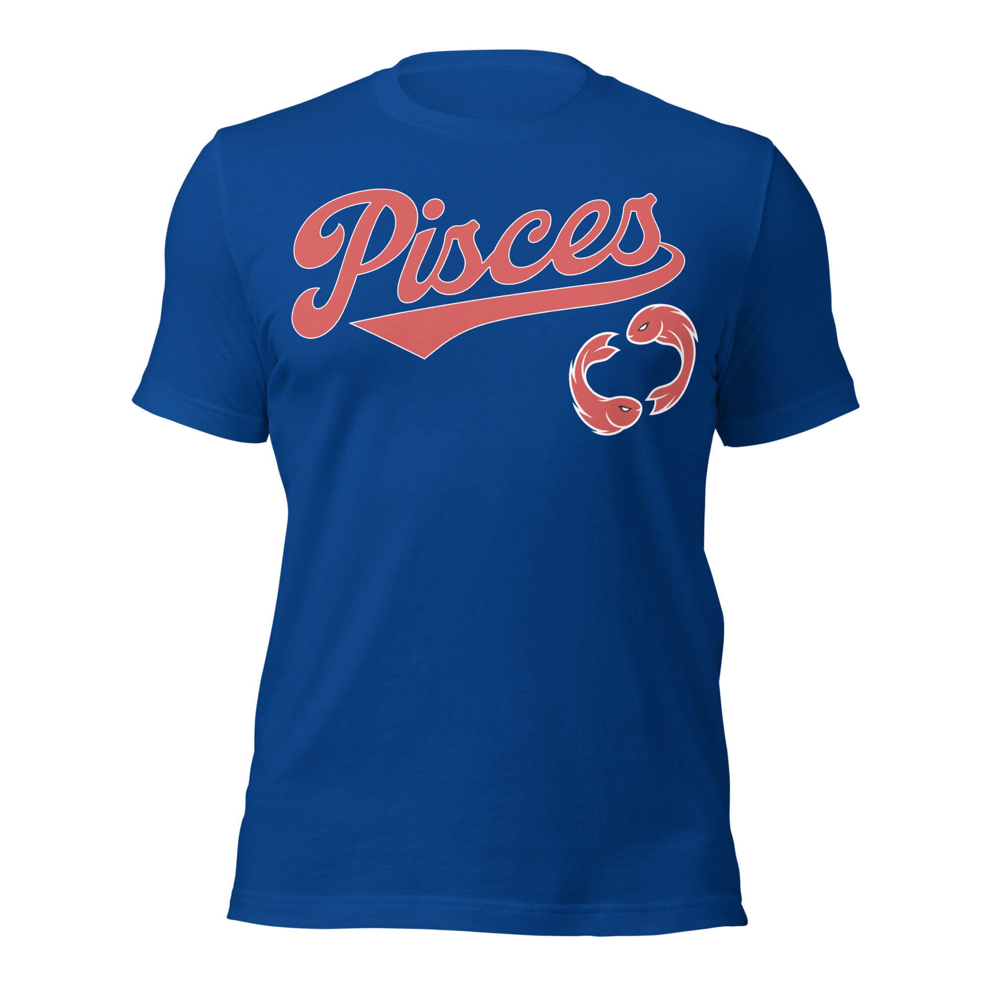 Pisces zodiac sports graphic t-shirt, blue with red ink, unisex athletic astrology apparel, front flat lay