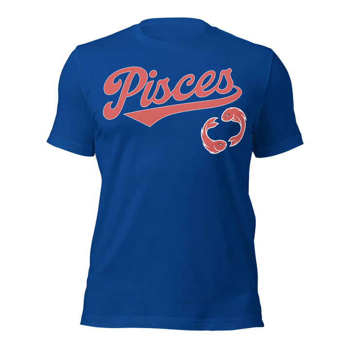 Pisces zodiac sports graphic t-shirt, blue with red ink, unisex athletic astrology apparel, front flat lay