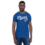 A man wearing a royal blue crewneck t-shirt with a white graphic that reads 'Pisces' and a zodiac symbol, paired with blue jeans, set against a plain white background.