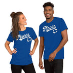 Two people wearing blue 'Pisces.' t-shirts on a white background