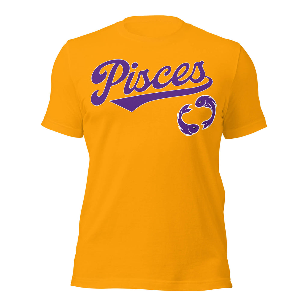 Pisces zodiac sports graphic t-shirt, gold with purple ink, unisex athletic astrology apparel, front flat lay
