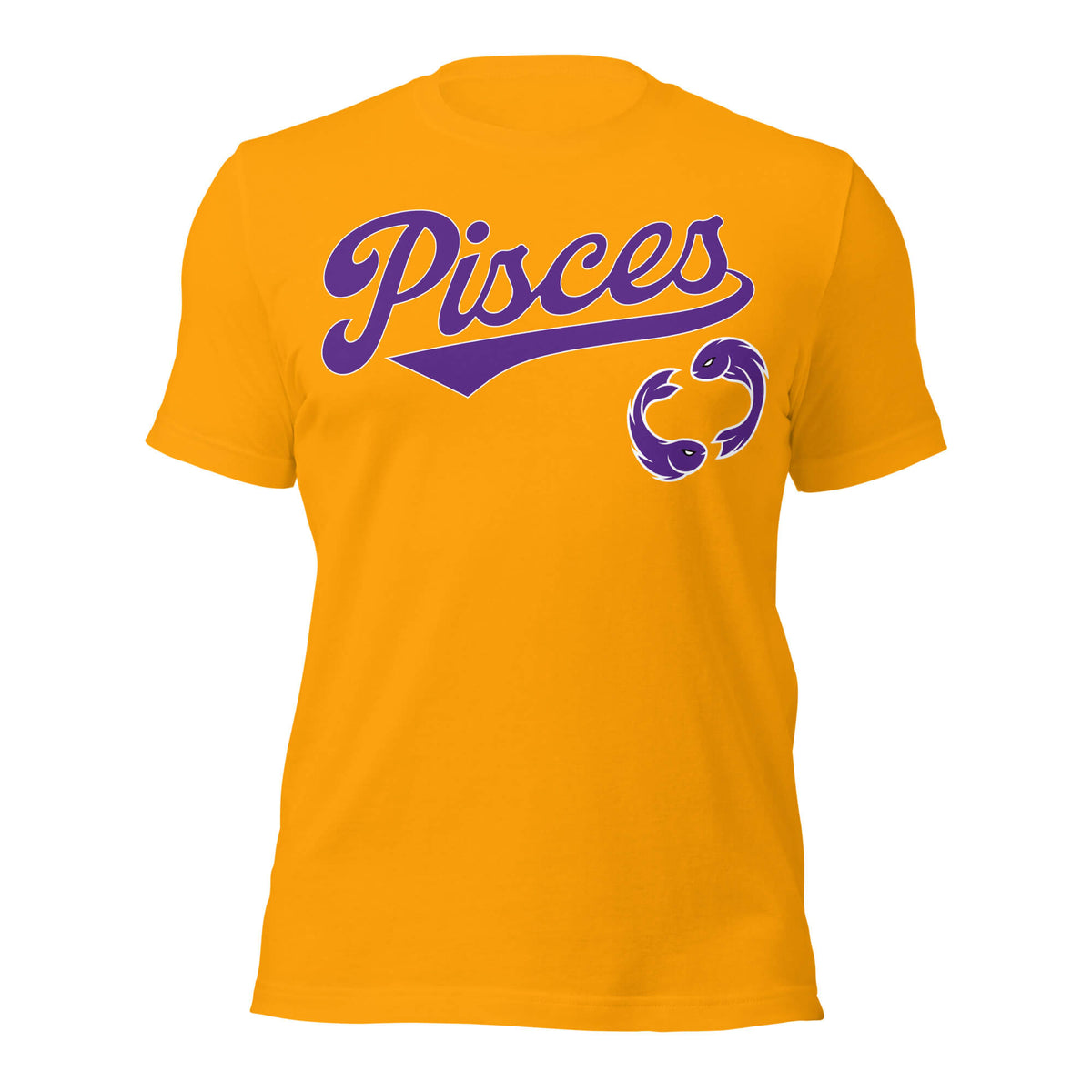 Pisces zodiac sports graphic t-shirt, gold with purple ink, unisex athletic astrology apparel, front flat lay