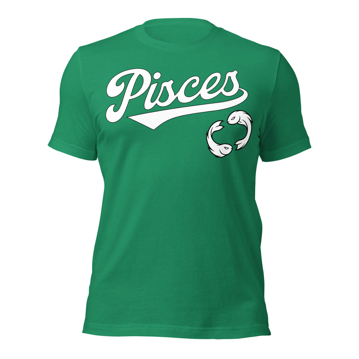 Pisces zodiac sports graphic t-shirt, green with white ink, unisex athletic astrology apparel, front flat lay