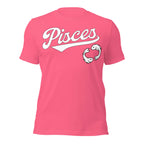 Pisces zodiac sports graphic t-shirt, pink with white ink, unisex athletic astrology apparel, front flat lay