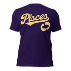 Pisces zodiac sports graphic t-shirt, purple with gold ink, unisex athletic astrology apparel, front flat lay
