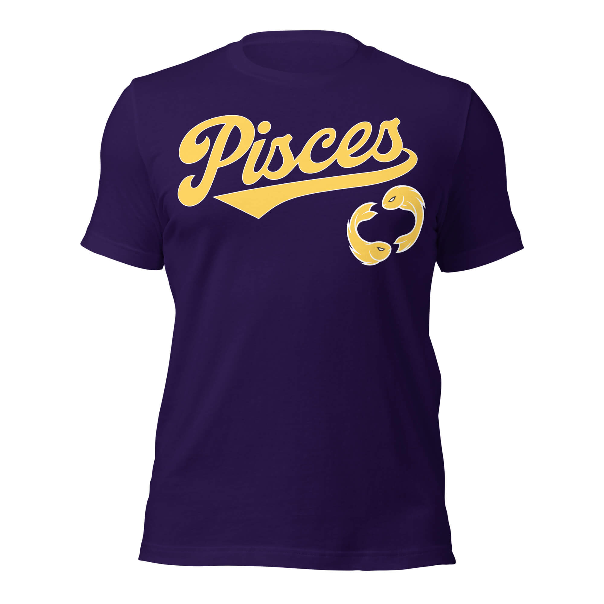 Pisces zodiac sports graphic t-shirt, purple with gold ink, unisex athletic astrology apparel, front flat lay