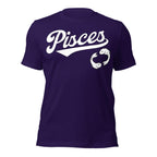 Pisces zodiac sports graphic t-shirt, purple with white ink, unisex athletic astrology apparel, front flat lay