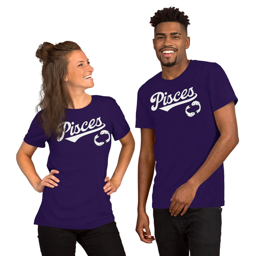 Two people wearing purple t-shirts with 'Pisces' text on a white background