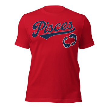 Pisces zodiac sports graphic t-shirt, red with blue ink, unisex athletic astrology apparel, front flat lay