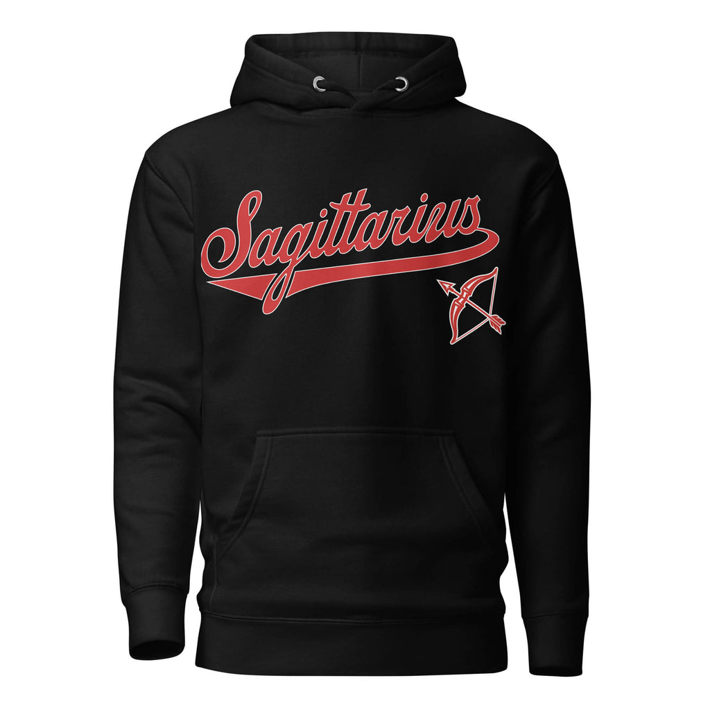 Sagittarius zodiac sports graphic hoodie, black with red ink, unisex athletic astrology apparel, front flat lay