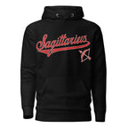 Sagittarius zodiac sports graphic hoodie, black with red ink, unisex athletic astrology apparel, front flat lay