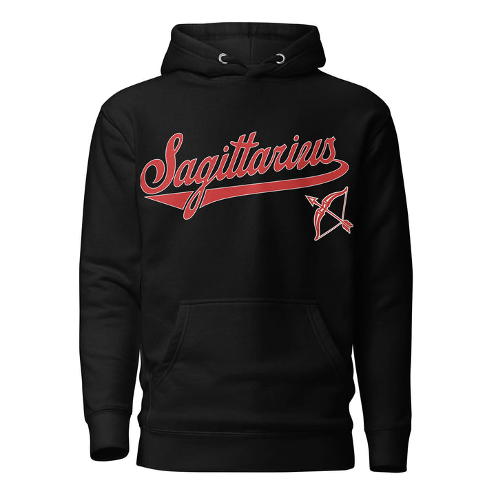 Sagittarius zodiac sports graphic hoodie, black with red ink, unisex athletic astrology apparel, front flat lay