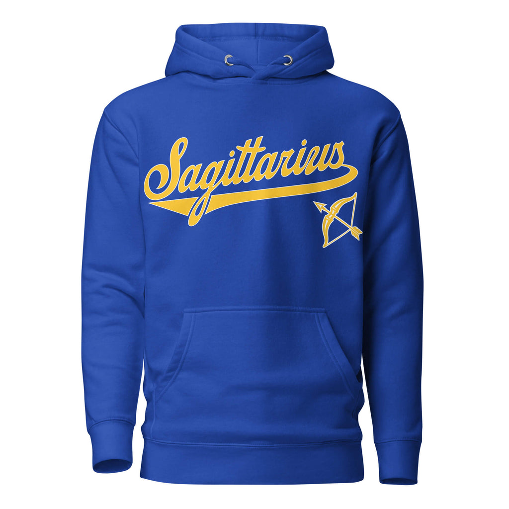 Sagittarius zodiac sports graphic hoodie, blue with gold ink, unisex athletic astrology apparel, front flat lay