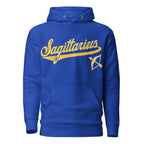 Sagittarius zodiac sports graphic hoodie, blue with gold ink, unisex athletic astrology apparel, front flat lay