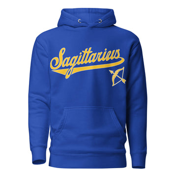 Sagittarius zodiac sports graphic hoodie, blue with gold ink, unisex athletic astrology apparel, front flat lay