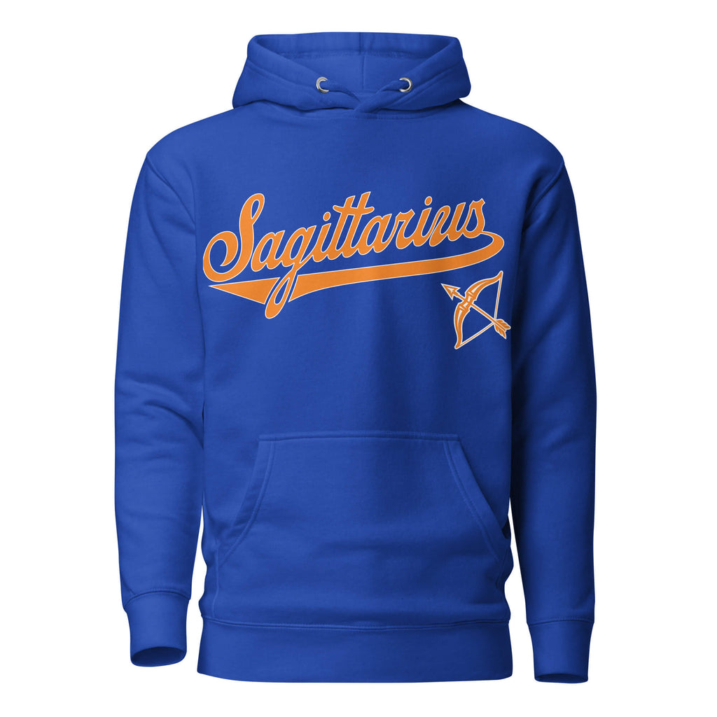 Sagittarius zodiac sports graphic hoodie, blue with orange ink, unisex athletic astrology apparel, front flat lay
