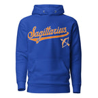 Sagittarius zodiac sports graphic hoodie, blue with orange ink, unisex athletic astrology apparel, front flat lay