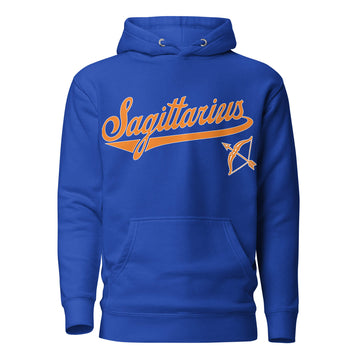 Sagittarius zodiac sports graphic hoodie, blue with orange ink, unisex athletic astrology apparel, front flat lay
