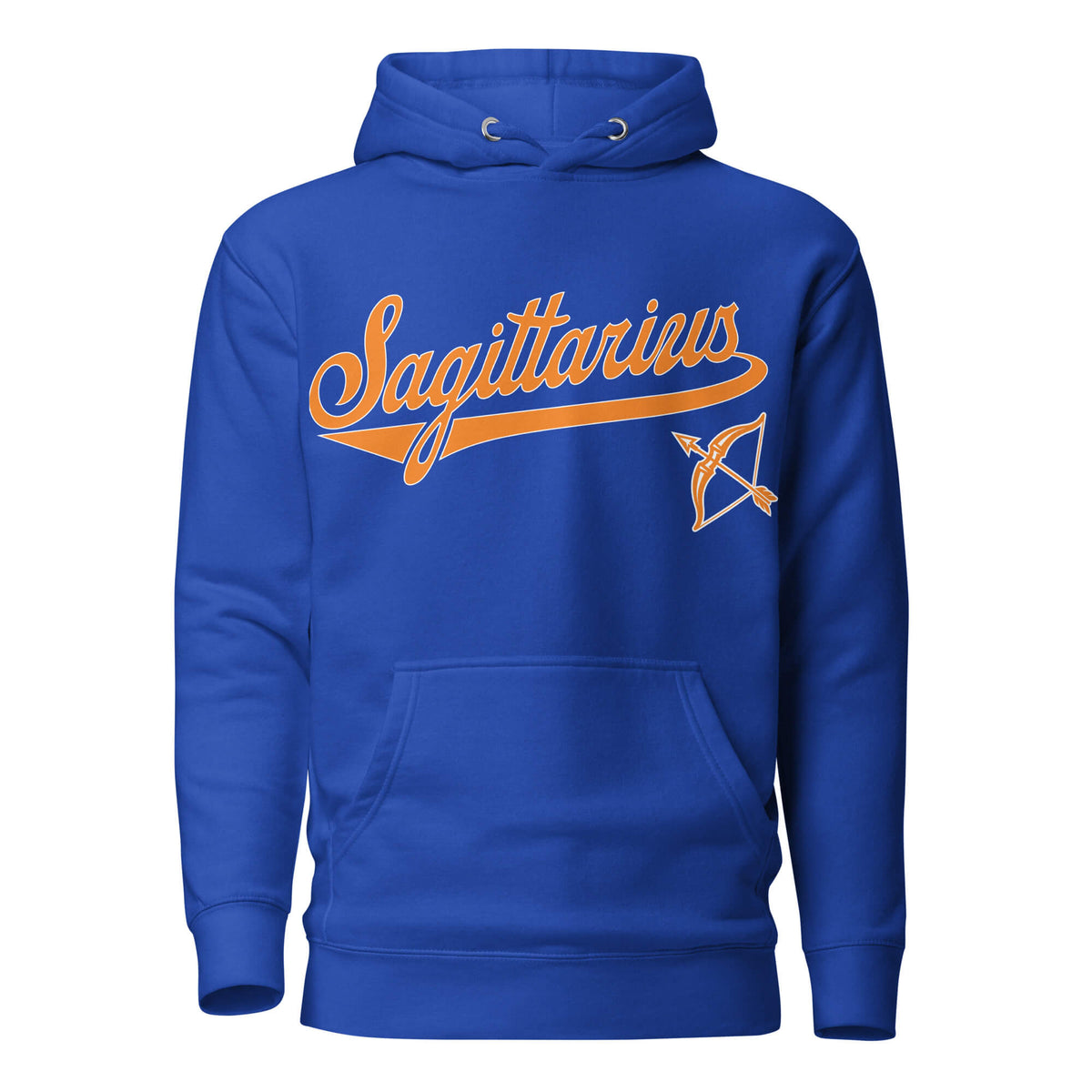 Sagittarius zodiac sports graphic hoodie, blue with orange ink, unisex athletic astrology apparel, front flat lay