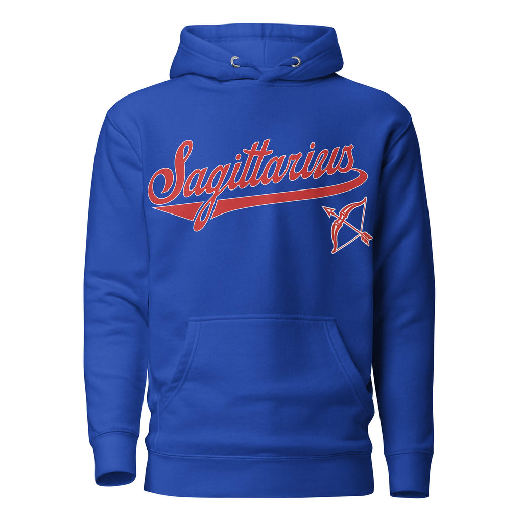 Sagittarius zodiac sports graphic hoodie, blue with red ink, unisex athletic astrology apparel, front flat lay