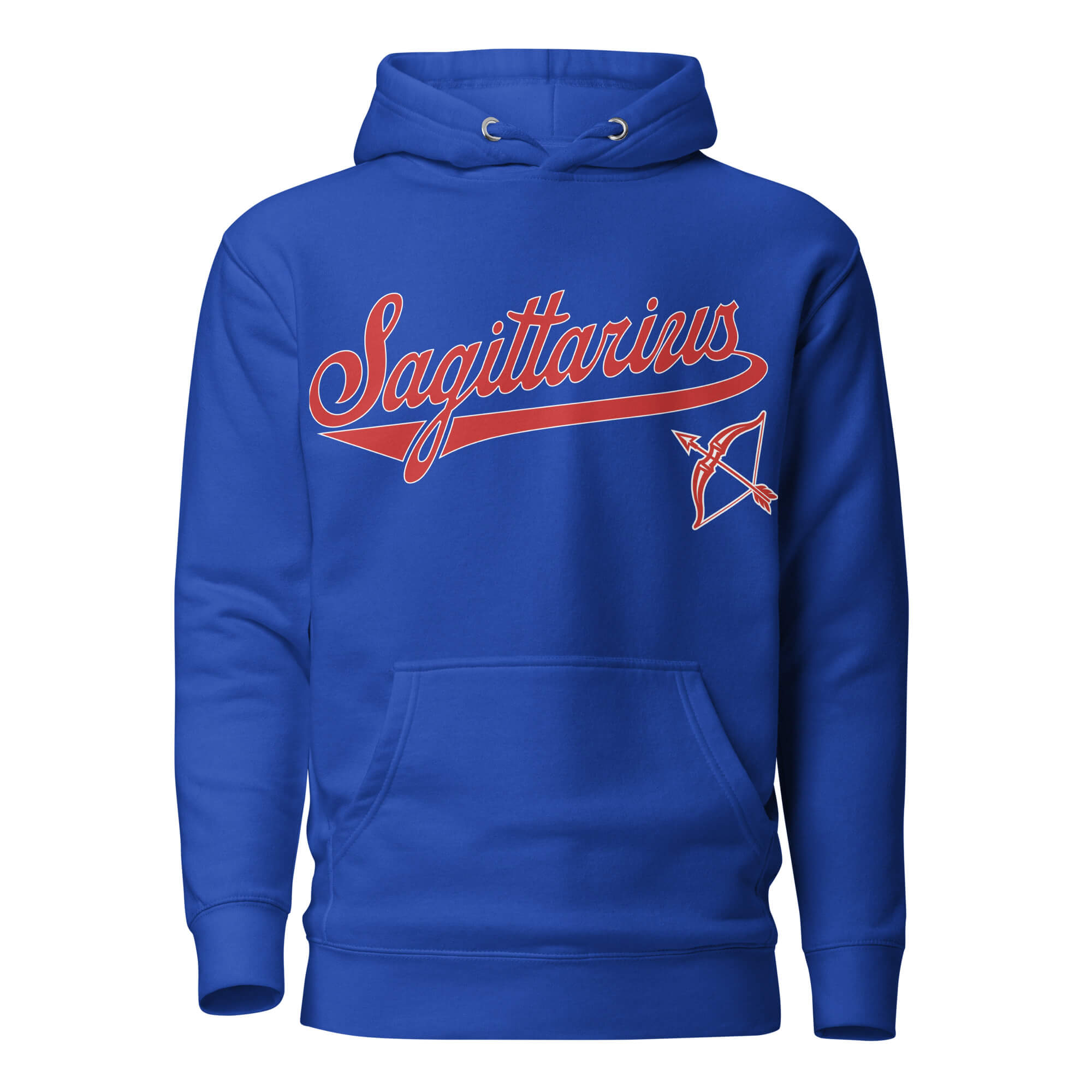 Sagittarius zodiac sports graphic hoodie, blue with red ink, unisex athletic astrology apparel, front flat lay
