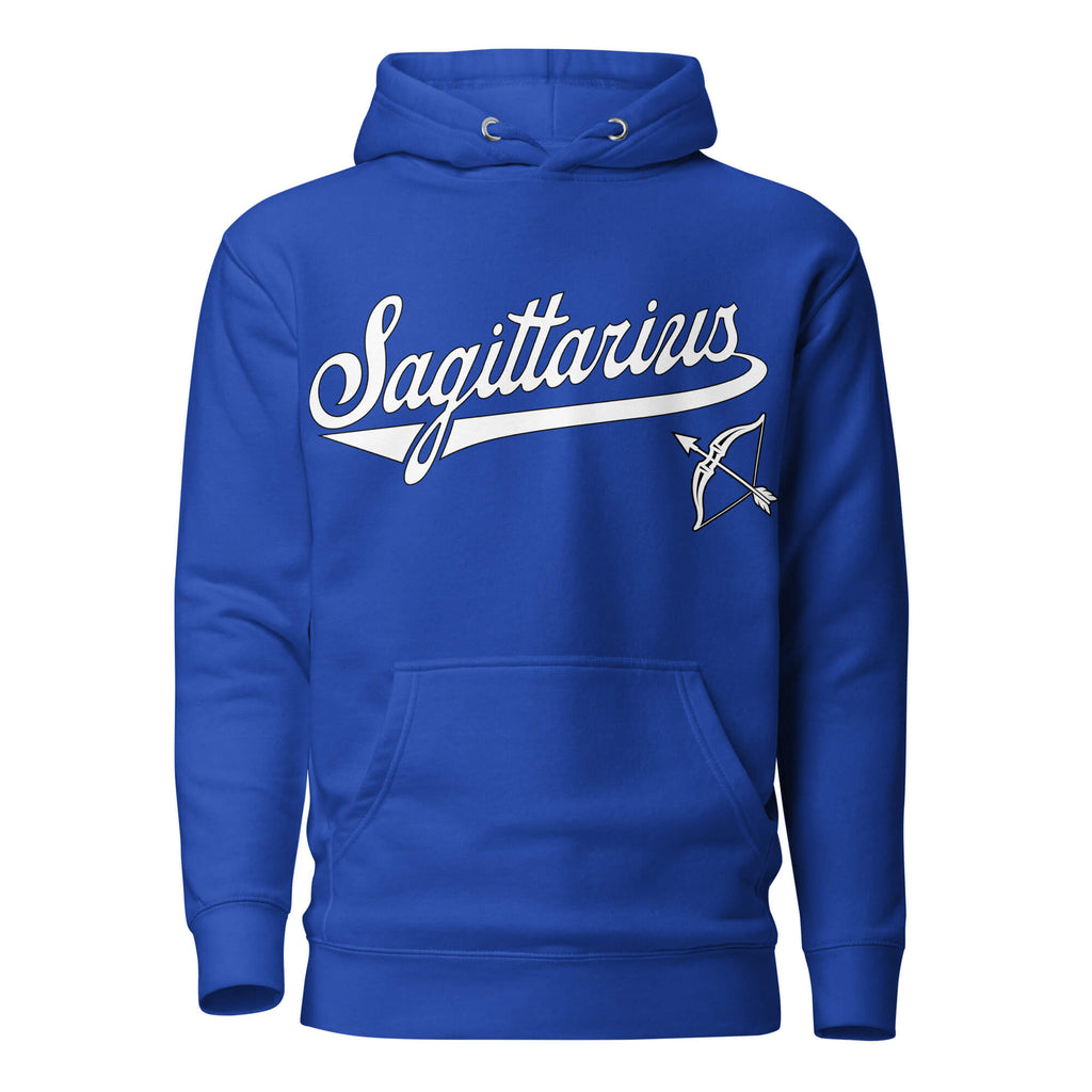 Sagittarius zodiac sports graphic hoodie, blue with white ink, unisex athletic astrology apparel, front flat lay