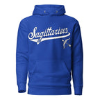 Sagittarius zodiac sports graphic hoodie, blue with white ink, unisex athletic astrology apparel, front flat lay