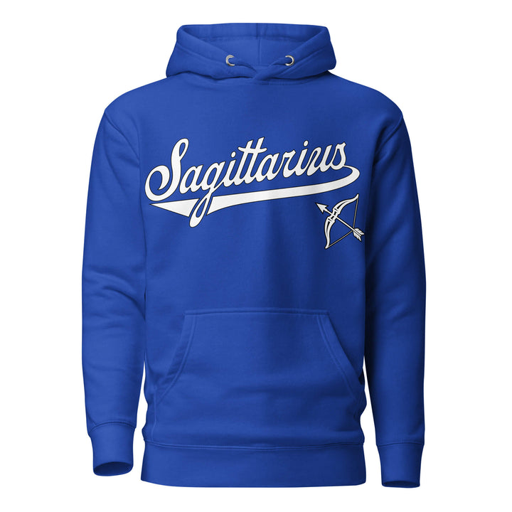 Sagittarius zodiac sports graphic hoodie, blue with white ink, unisex athletic astrology apparel, front flat lay