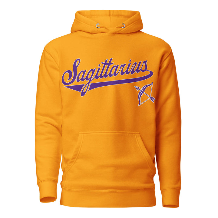 Sagittarius zodiac sports graphic hoodie, gold with purple ink, unisex athletic astrology apparel, front flat lay