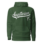 Sagittarius zodiac sports graphic hoodie, green with white ink, unisex athletic astrology apparel, front flat lay
