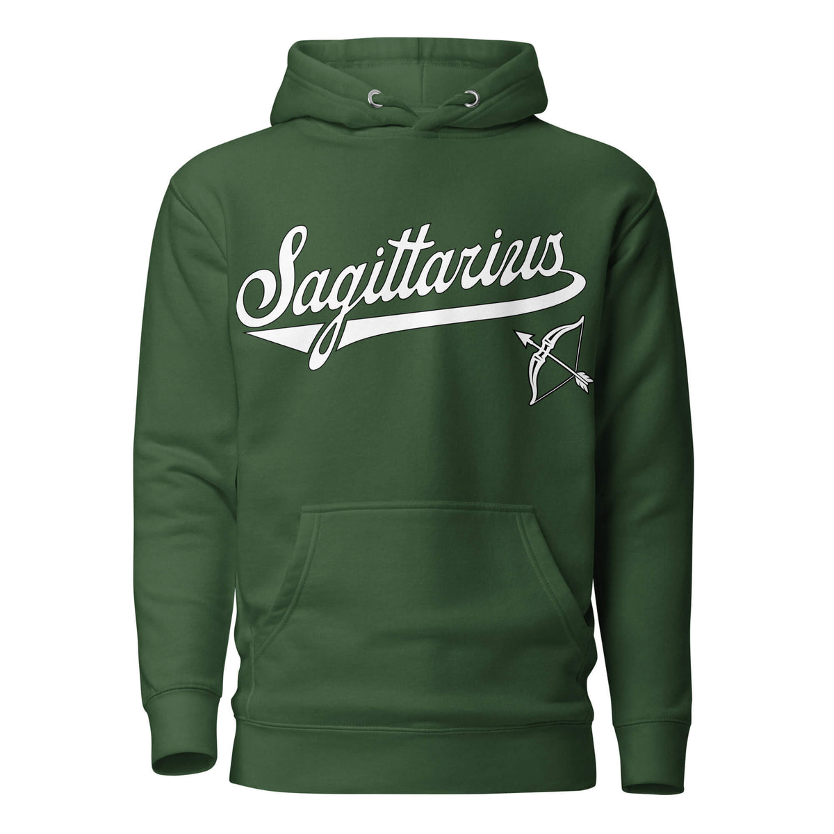 Sagittarius zodiac sports graphic hoodie, green with white ink, unisex athletic astrology apparel, front flat lay