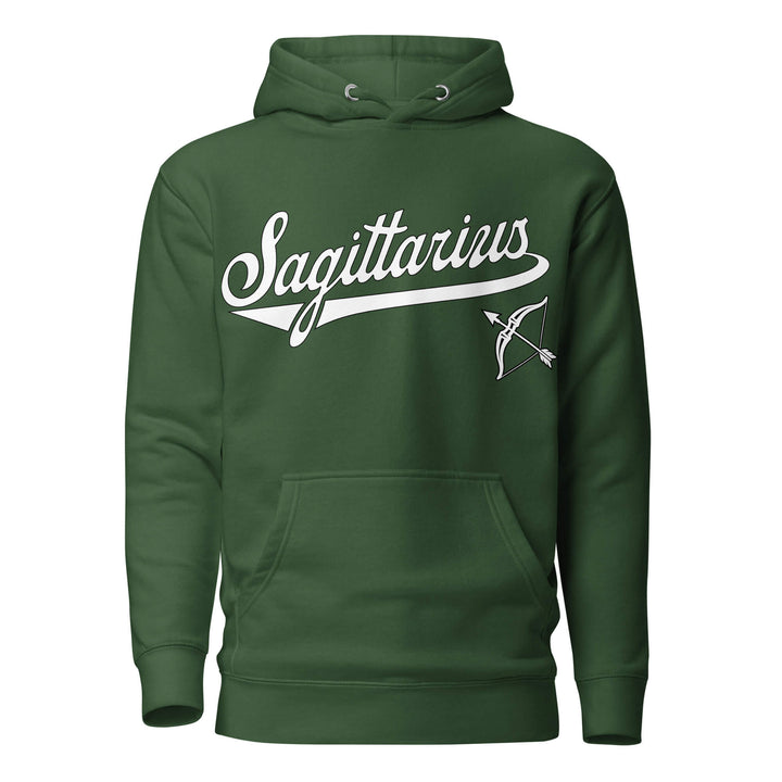 Sagittarius zodiac sports graphic hoodie, green with white ink, unisex athletic astrology apparel, front flat lay
