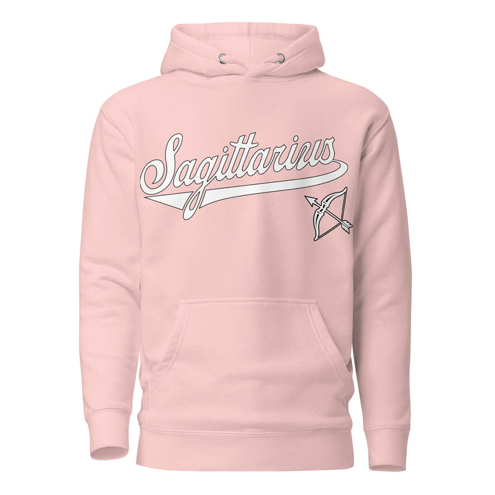Sagittarius zodiac sports graphic hoodie, pink with white ink, unisex athletic astrology apparel, front flat lay