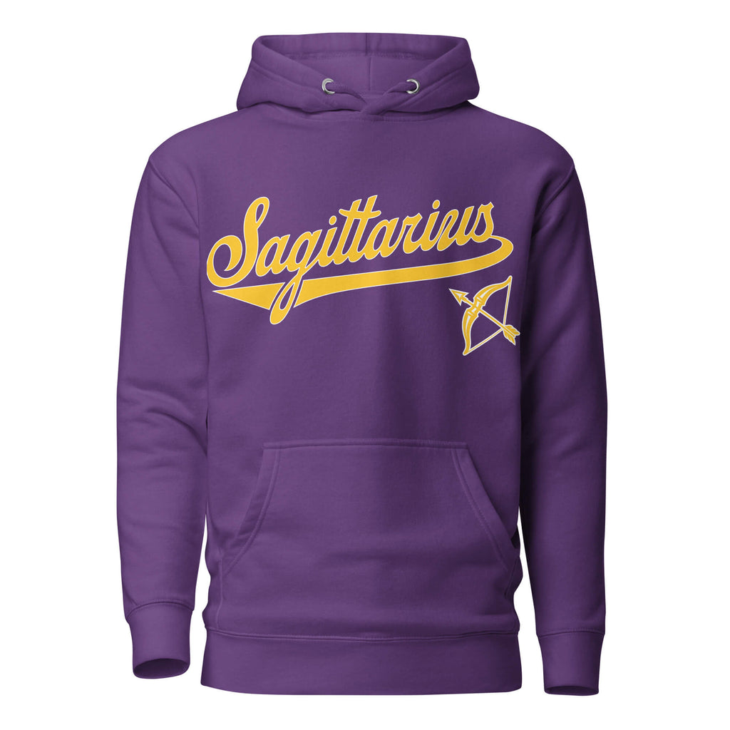 Sagittarius zodiac sports graphic hoodie, purple with gold ink, unisex athletic astrology apparel, front flat lay
