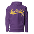 Sagittarius zodiac sports graphic hoodie, purple with gold ink, unisex athletic astrology apparel, front flat lay