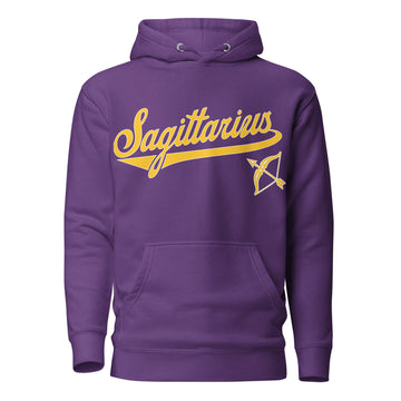 Sagittarius zodiac sports graphic hoodie, purple with gold ink, unisex athletic astrology apparel, front flat lay