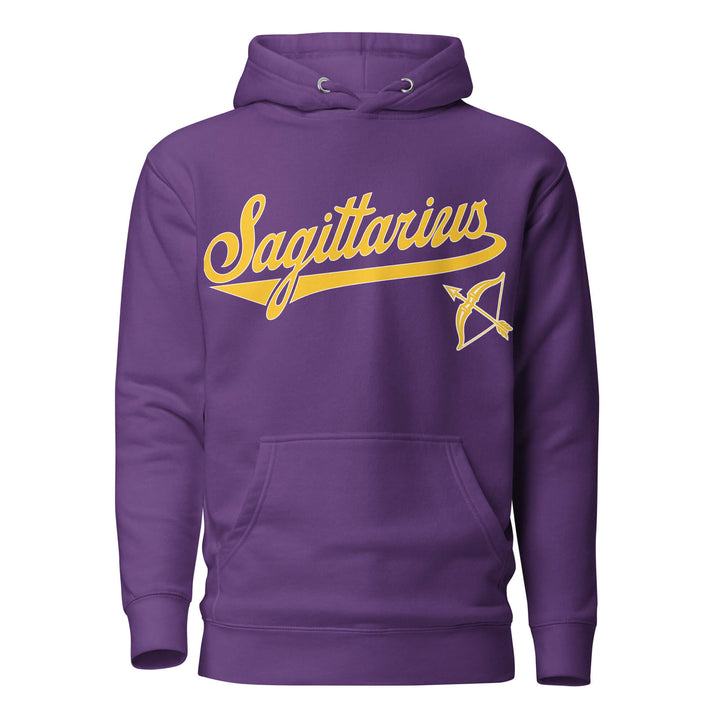 Sagittarius zodiac sports graphic hoodie, purple with gold ink, unisex athletic astrology apparel, front flat lay