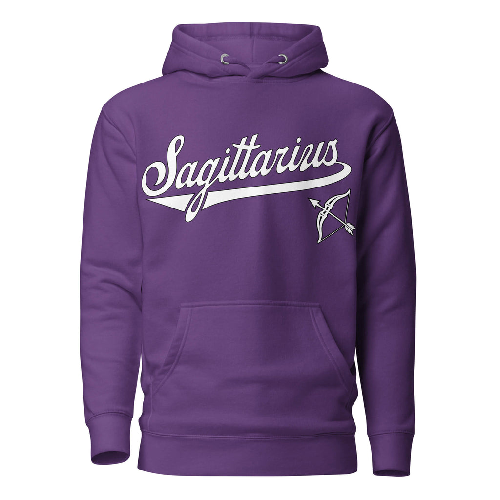 Sagittarius zodiac sports graphic hoodie, purple with white ink, unisex athletic astrology apparel, front flat lay