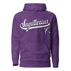Sagittarius zodiac sports graphic hoodie, purple with white ink, unisex athletic astrology apparel, front flat lay