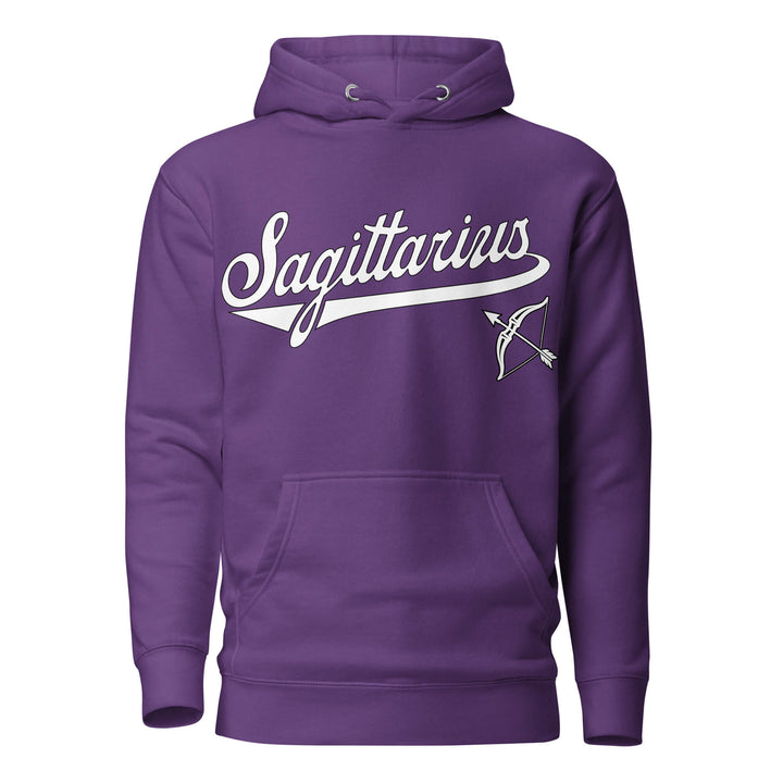 Sagittarius zodiac sports graphic hoodie, purple with white ink, unisex athletic astrology apparel, front flat lay