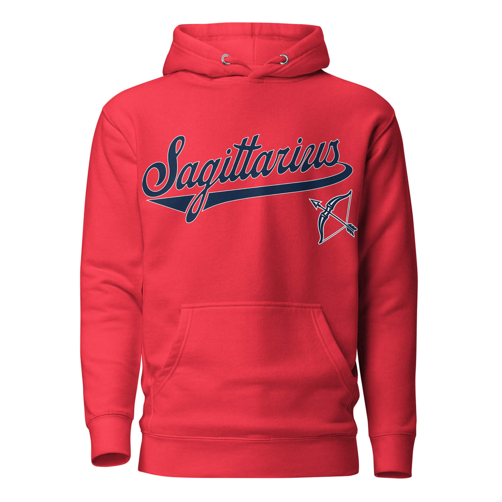 Sagittarius zodiac sports graphic hoodie, red with blue ink, unisex athletic astrology apparel, front flat lay