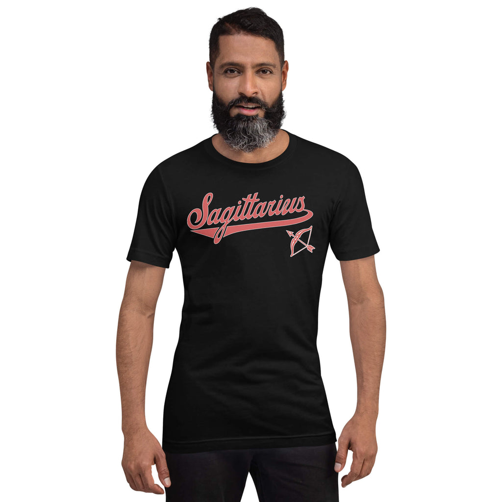 Man wearing a black t-shirt with 'Sagittarius' text design on a white background