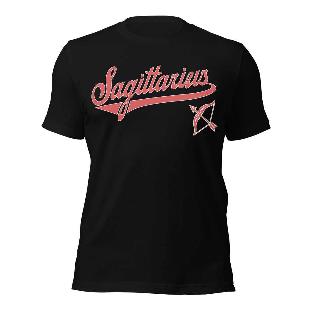 Sagittarius zodiac sports graphic t-shirt, black with red ink, unisex athletic astrology apparel, front flat lay